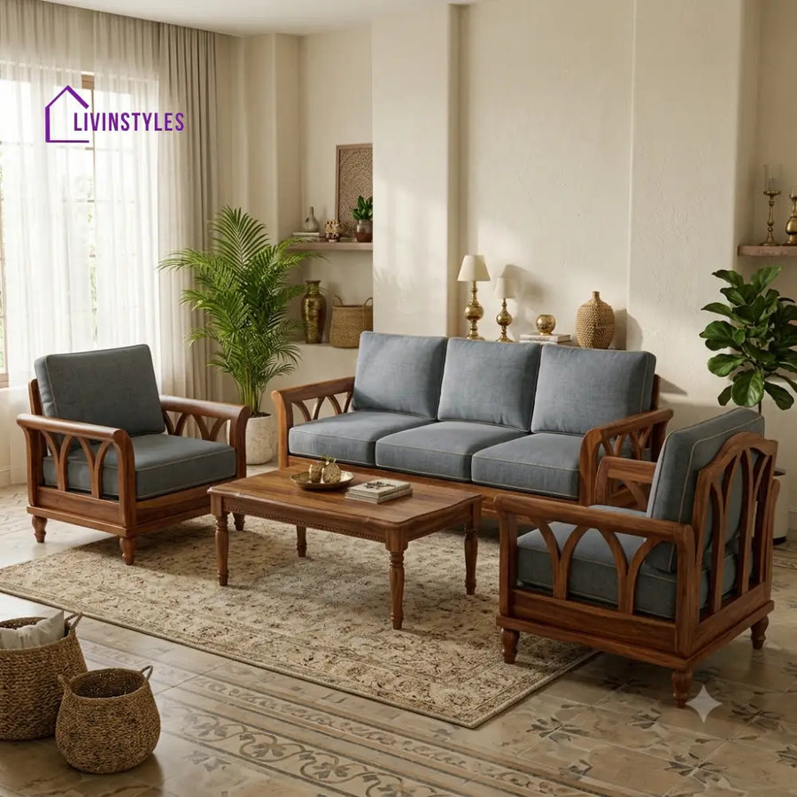 Deepa Wooden Sofa Set | 3 + 1 + 1 Sheesham Wood Sofa Set for Living Room