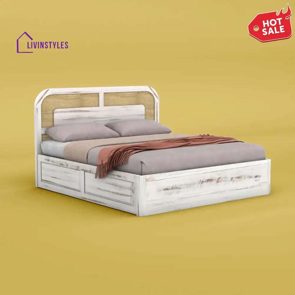 Deepika Solid Wood And Cane Box Storage Bed (Queen Size Distress Finish)