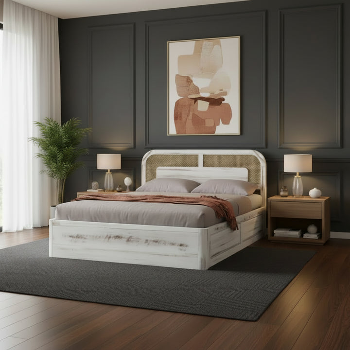 Deepika Solid Wood And Cane Box Storage Bed (Queen Size Distress Finish)