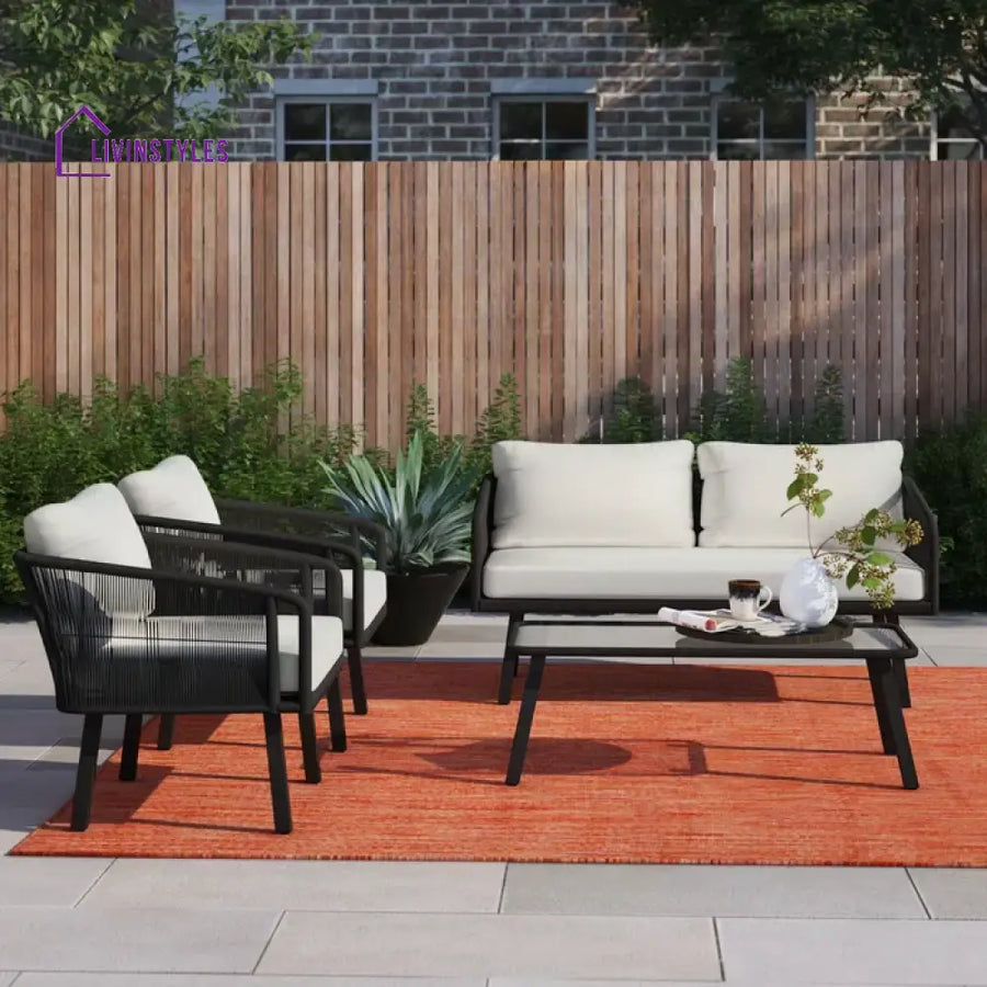 Deifilia Outdoor Sofa Set 2 Seater 2 Single seater And 1 Table Set Braided & Rope - Black - Sofa Sets