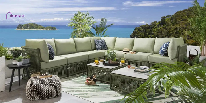 Deifilia Outdoor Sofa Set 7 Seater and 2 Center Table Set (Green) Braided & Rope - Sofa Sets