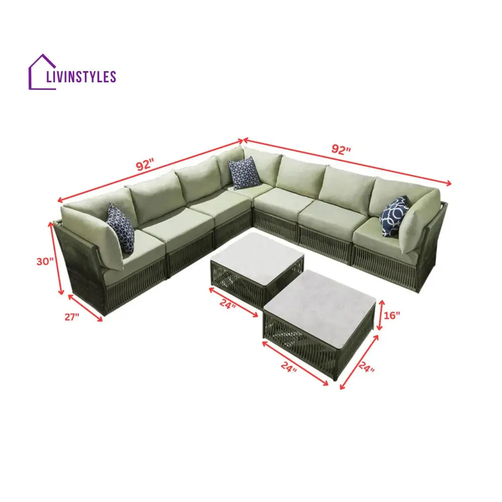 Deifilia Outdoor Sofa Set 7 Seater and 2 Center Table Set (Green) Braided & Rope - Sofa Sets