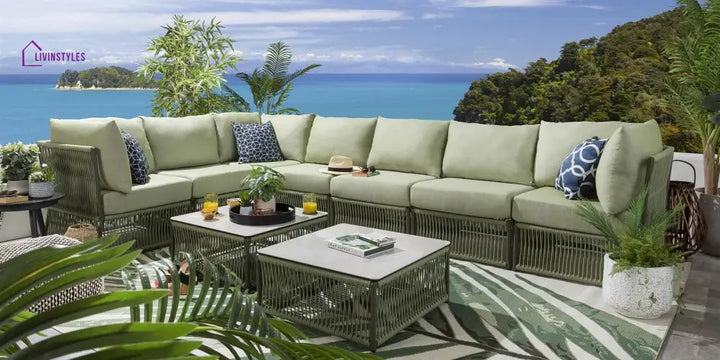 Deifilia Outdoor Sofa Set 7 Seater and 2 Center Table Set (Green) Braided & Rope - Sofa Sets