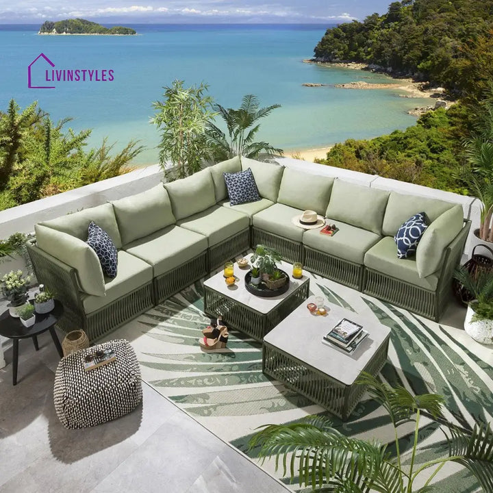 Deifilia Outdoor Sofa Set 7 Seater and 2 Center Table Set (Green) Braided & Rope - Sofa Sets