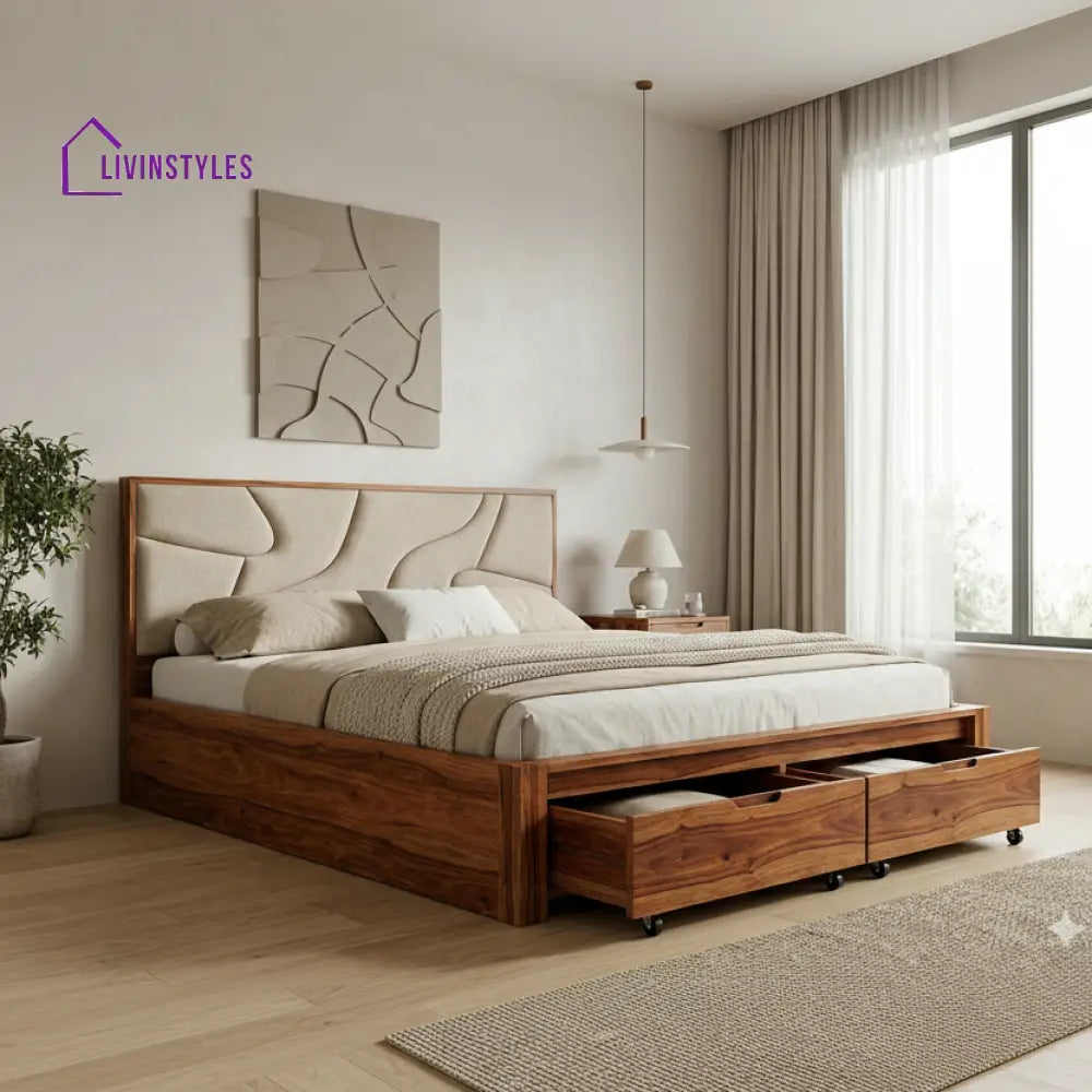 Delilah Premium Sheesham Wood Bed with Fabric Headboard
