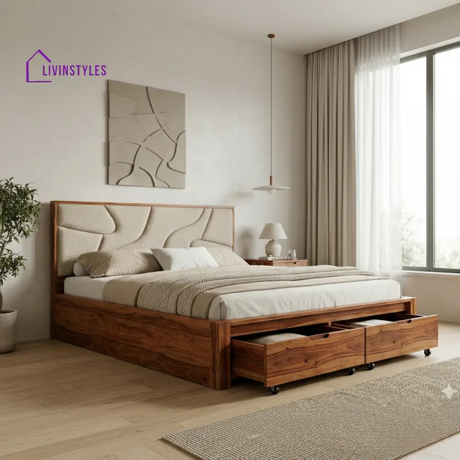 Delilah Premium Sheesham Wood Bed with Fabric Headboard