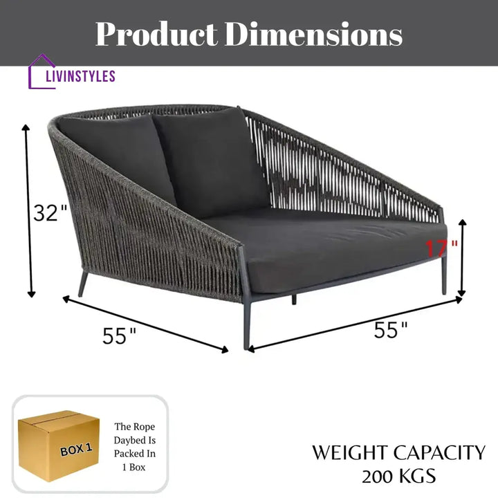 Delphine Outdoor Grey Rope Patio Daybed with Comfortable Dark Grey Cushion - Daybed