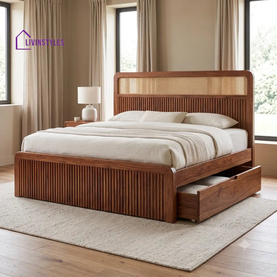 Delphine Premium Wooden Bed with Drawer Storage | King Size Bed & Queen Size Bed Online