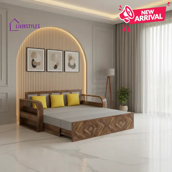 Demi Solid Sheesham Wood 3 Seater Sofa Cum Bed with Footboard Design Sofa Cum Bed