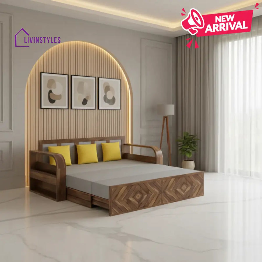 Demi Solid Sheesham Wood 3 Seater Sofa Cum Bed with Footboard Design Sofa Cum Bed