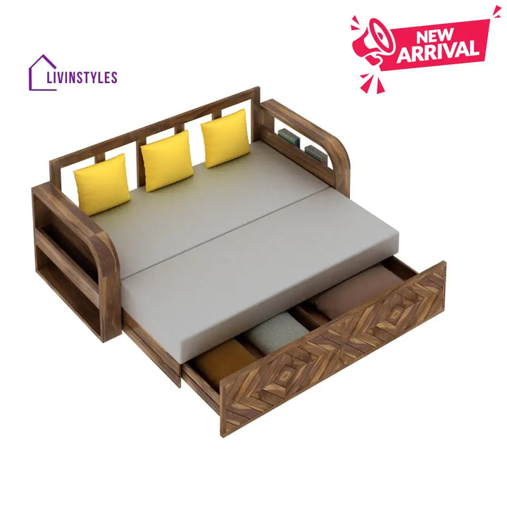 Demi Solid Sheesham Wood 3 Seater Sofa Cum Bed with Footboard Design Sofa Cum Bed