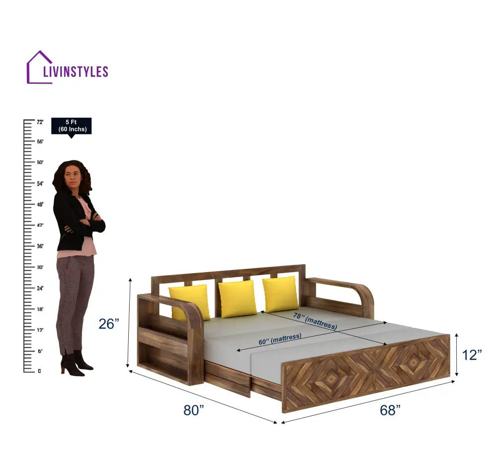 Demi Solid Sheesham Wood 3 Seater Sofa Cum Bed with Footboard Design Sofa Cum Bed