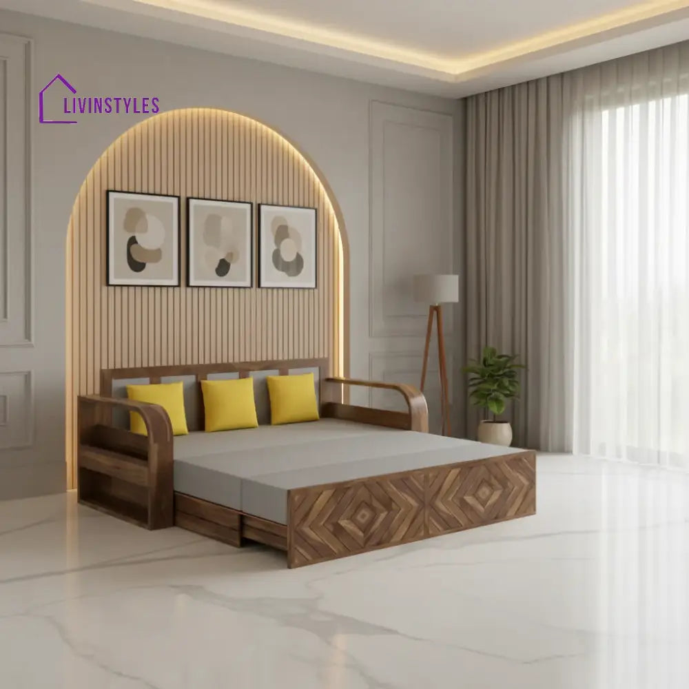 Demi Solid Sheesham Wood 3 Seater Sofa Cum Bed with Footboard Design Sofa Cum Bed