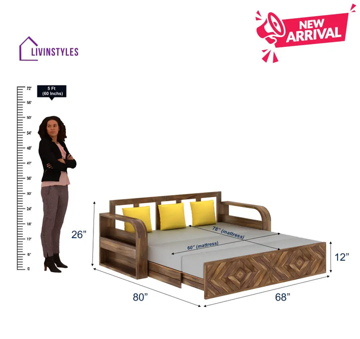 Demi Solid Sheesham Wood 3 Seater Sofa Cum Bed with Footboard Design Sofa Cum Bed