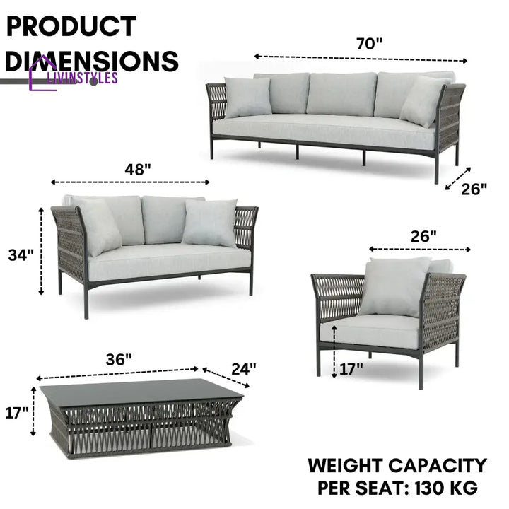 Denali Outdoor Rope 7-Seater Sofa Set With Glass Top Table - Sofa Set