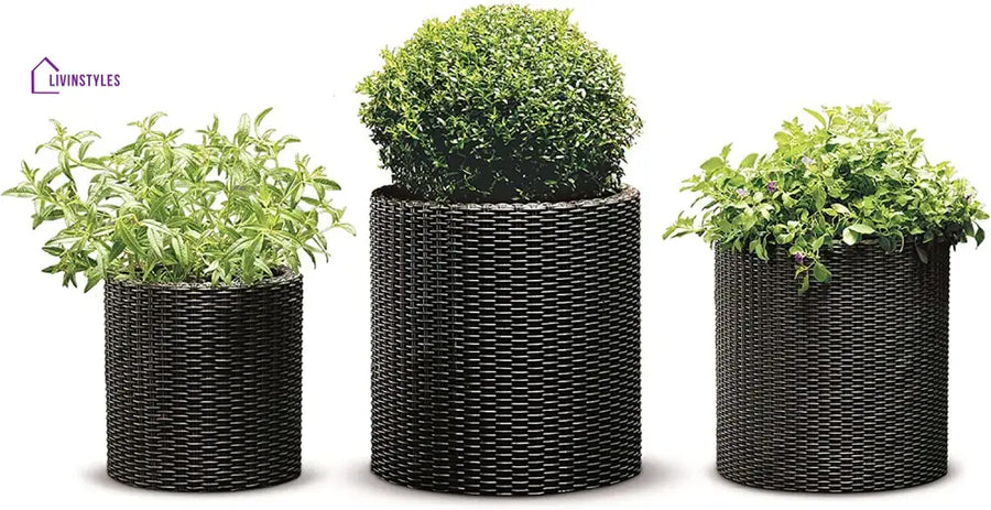 Deni Outdoor Wicker Planters For Garden Balcony Set of 3 (Dark Brown) - Planter