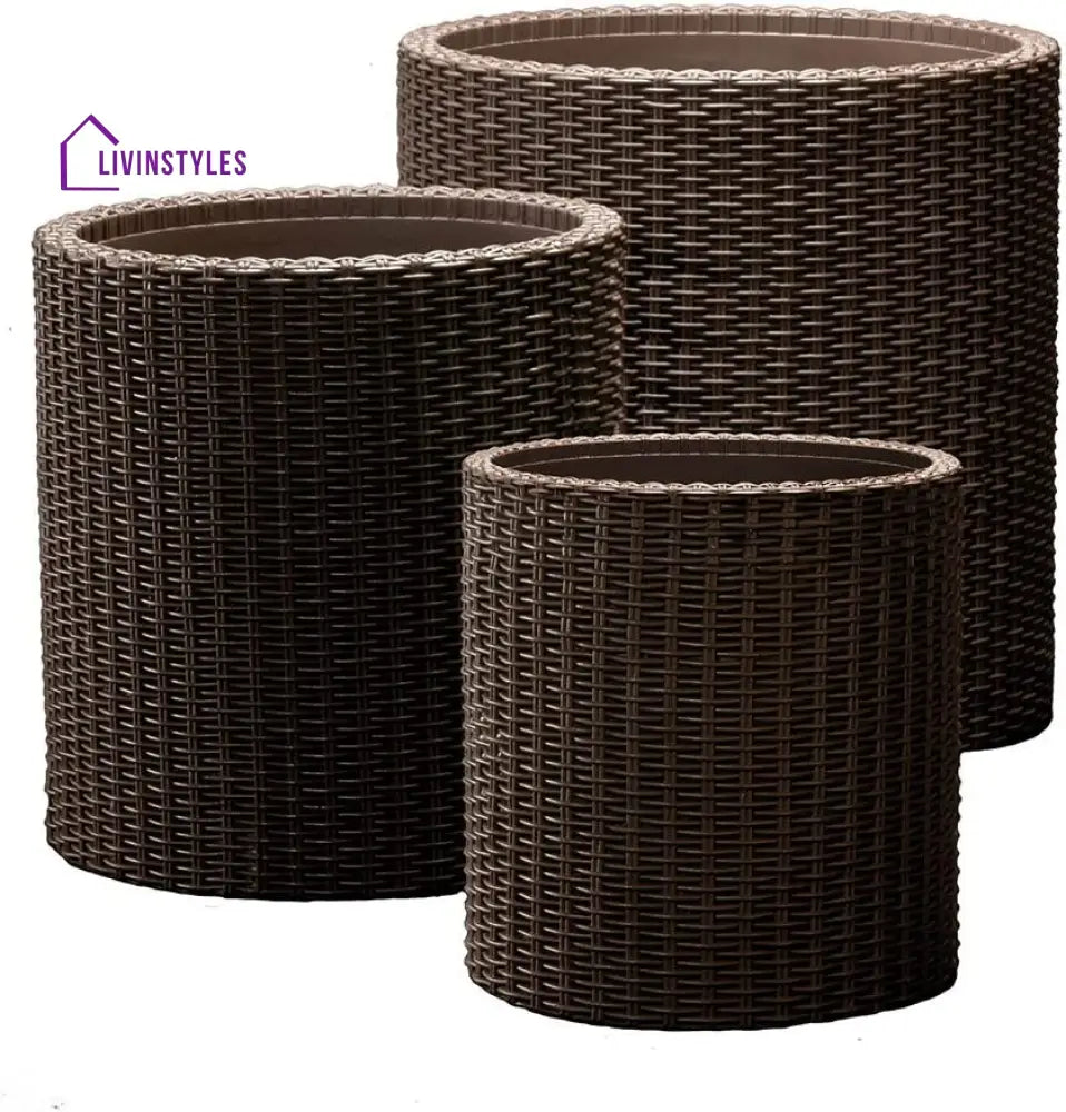 Deni Outdoor Wicker Planters For Garden Balcony Set of 3 (Dark Brown) - Planter