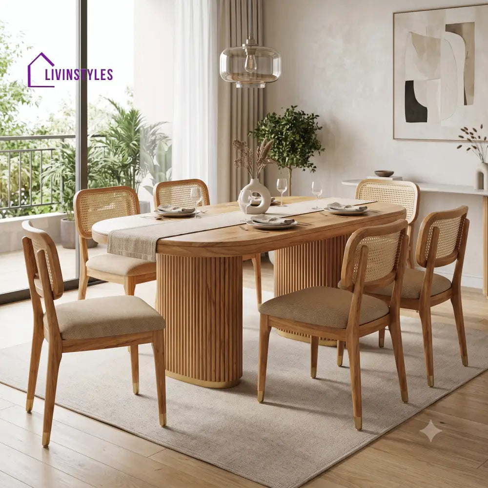 Denis Premium Mango Wood 6 Seater Dining Table Set | Natural Finish