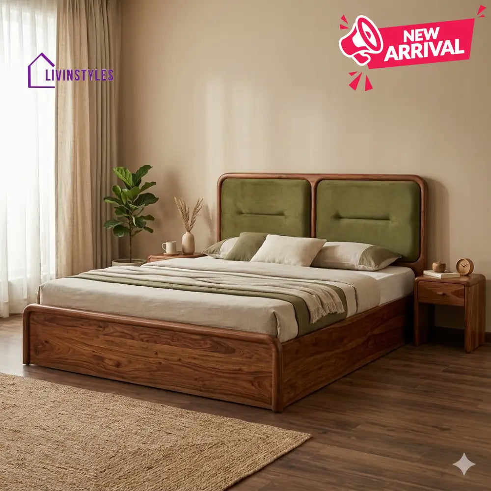 Denis Premium Sheesham Wood Bed with Velvet Headboard