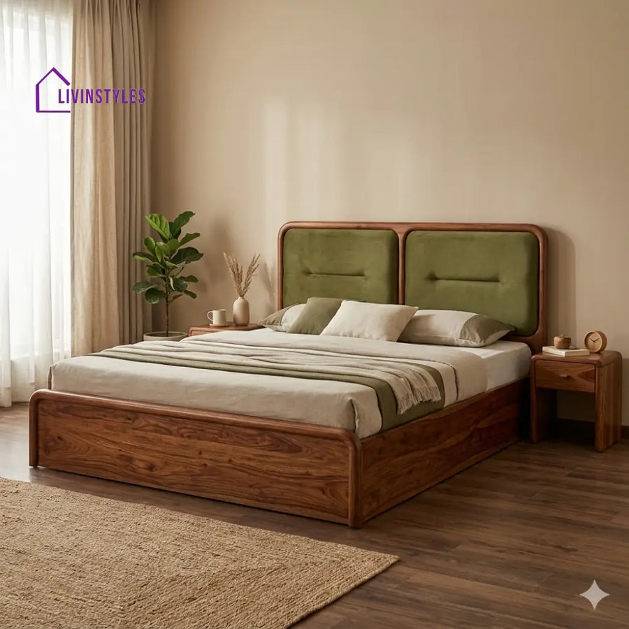 Denis Premium Sheesham Wood Bed with Velvet Headboard