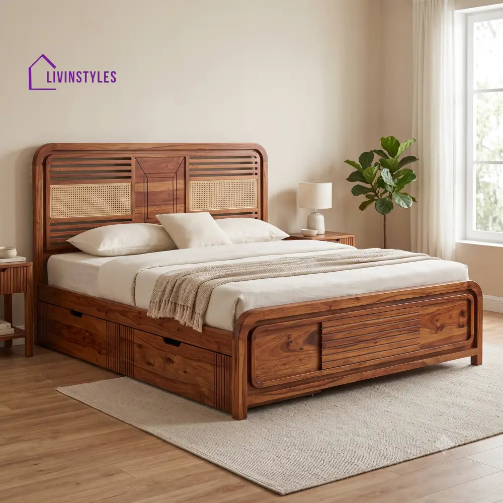 Denis Premium Wooden Bed with Drawer Storage | King Size Bed & Queen Size Bed Online