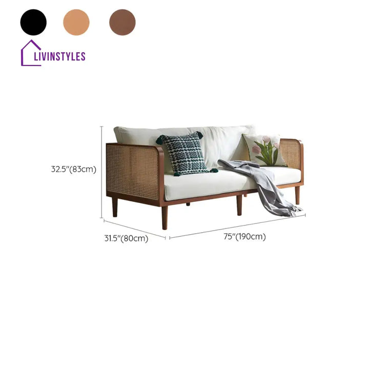 Denis Solid Wood and Cane Weaving 3 Seater Sofa for Living Room