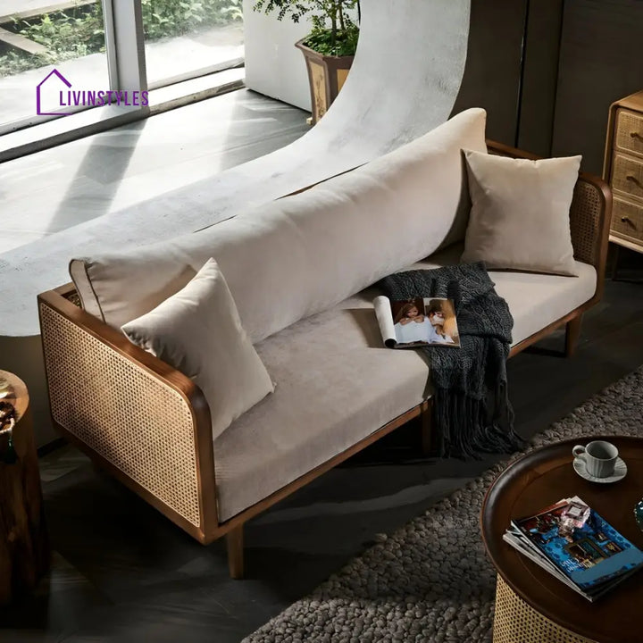 Denis Solid Wood and Cane Weaving 3 Seater Sofa for Living Room