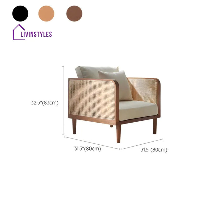 Denis Solid Wood and Cane Weaving 3 Seater Sofa for Living Room