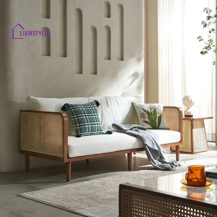 Denis Solid Wood and Cane Weaving 3 Seater Sofa for Living Room