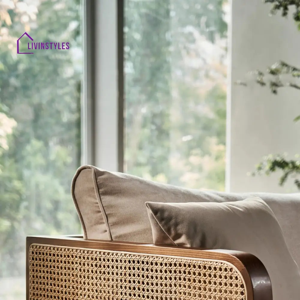 Denis Solid Wood and Cane Weaving 3 Seater Sofa for Living Room