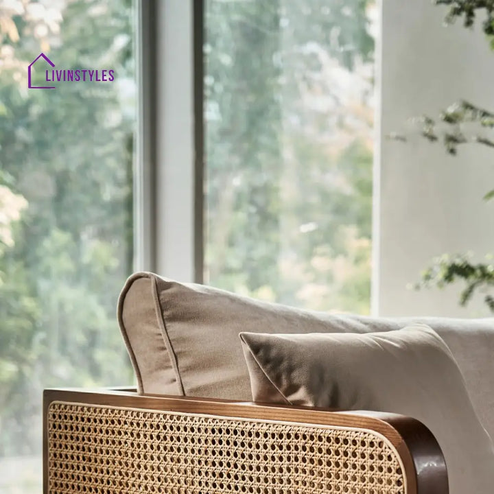 Denis Solid Wood and Cane Weaving 3 Seater Sofa for Living Room