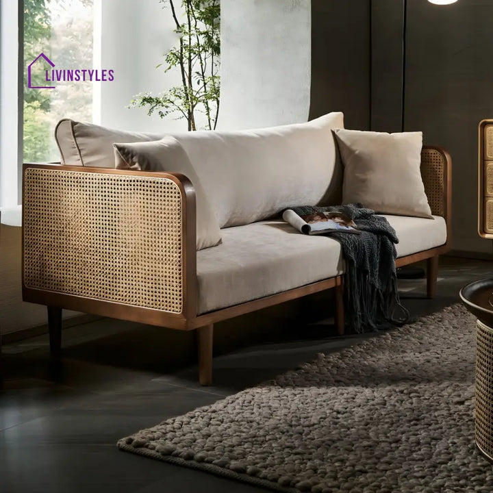Denis Solid Wood and Cane Weaving 3 Seater Sofa for Living Room