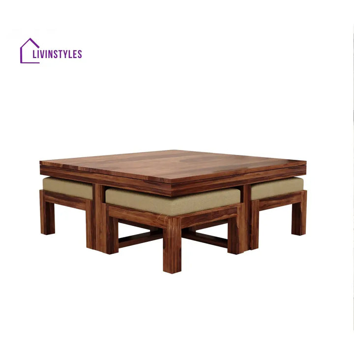 Denis Solid Wood Sheesham Coffee Table with Four Cushioned Stools