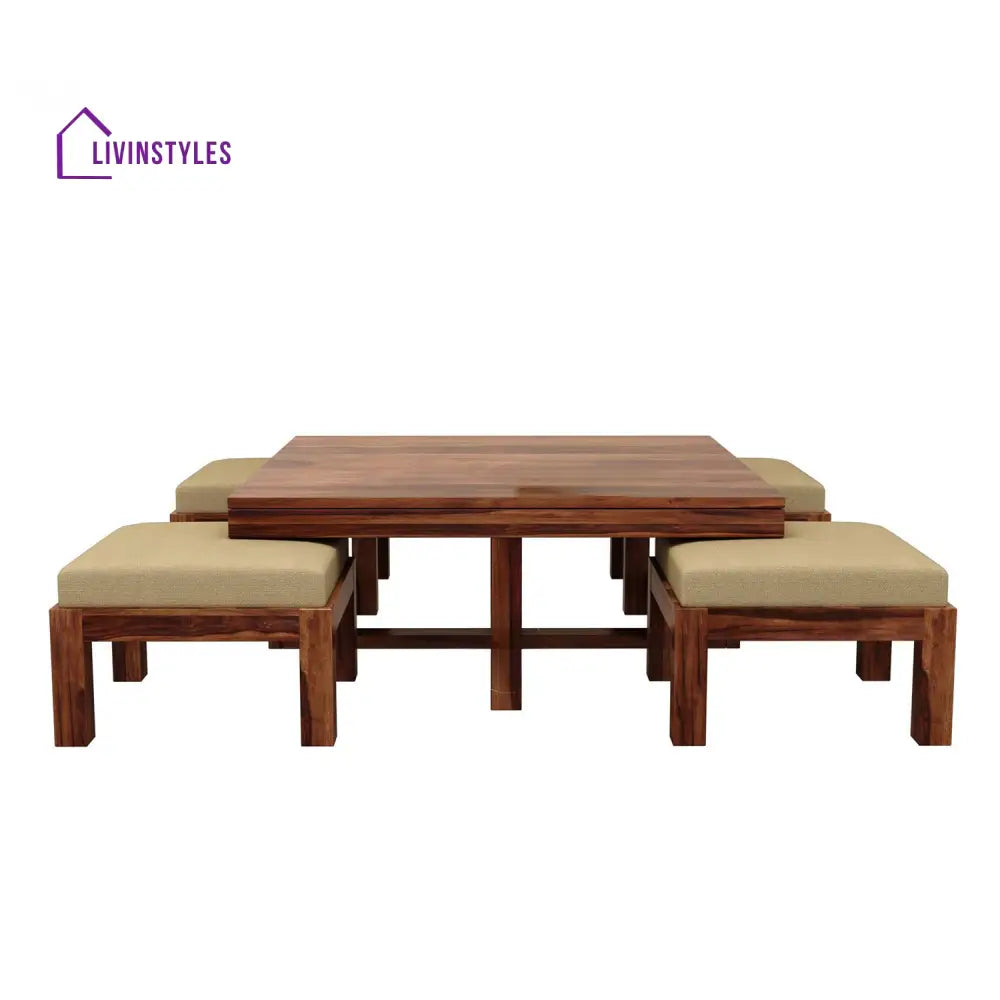 Denis Solid Wood Sheesham Coffee Table with Four Cushioned Stools