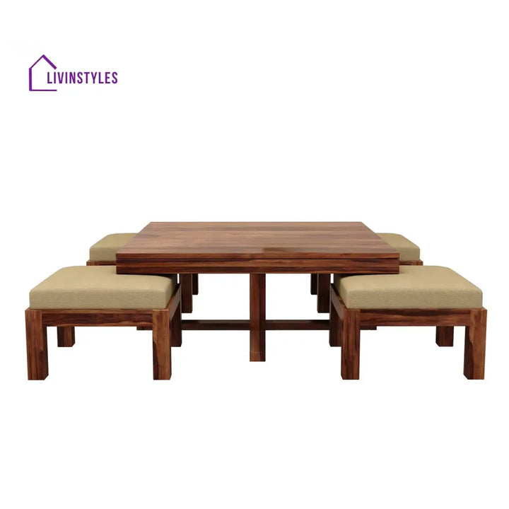 Denis Solid Wood Sheesham Coffee Table with Four Cushioned Stools