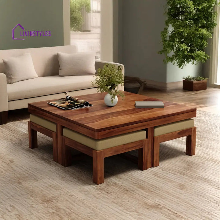 Denis Solid Wood Sheesham Coffee Table with Four Cushioned Stools