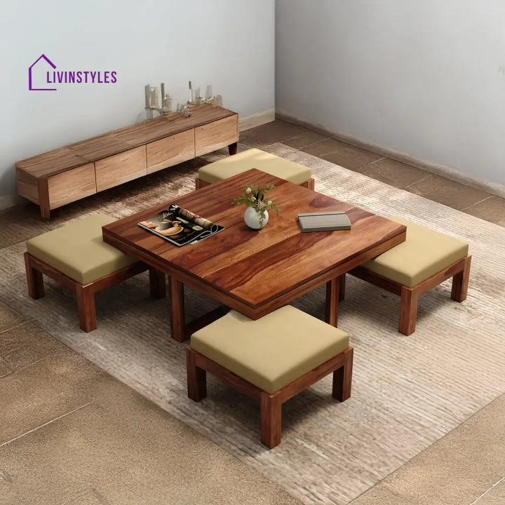 Denis Solid Wood Sheesham Coffee Table with Four Cushioned Stools