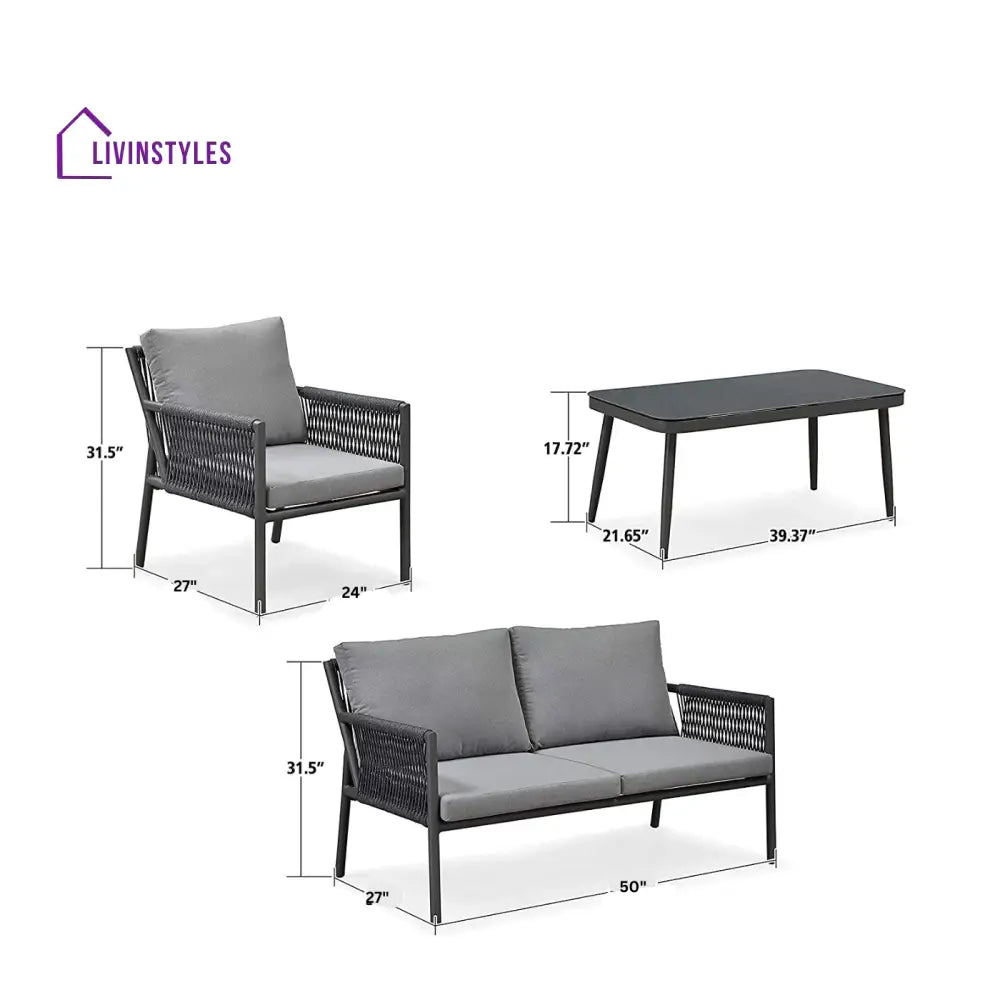 Deny Outdoor Sofa Set 2 Seater 2 Single seater and 1 Center Table Set (Grey) Braided & Rope - Sofa Sets