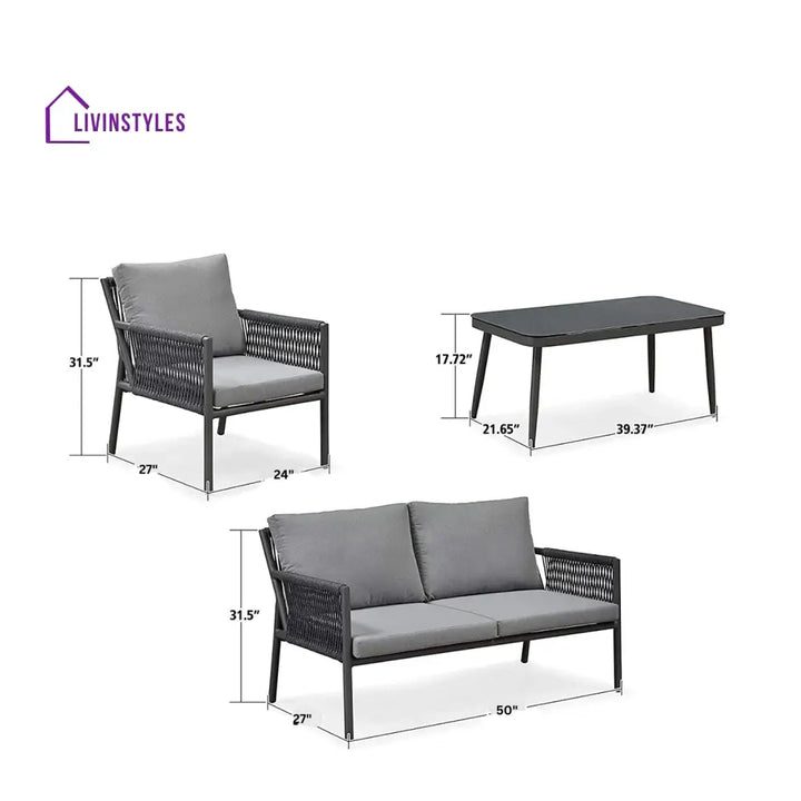 Deny Outdoor Sofa Set 2 Seater 2 Single seater and 1 Center Table Set (Grey) Braided & Rope - Sofa Sets