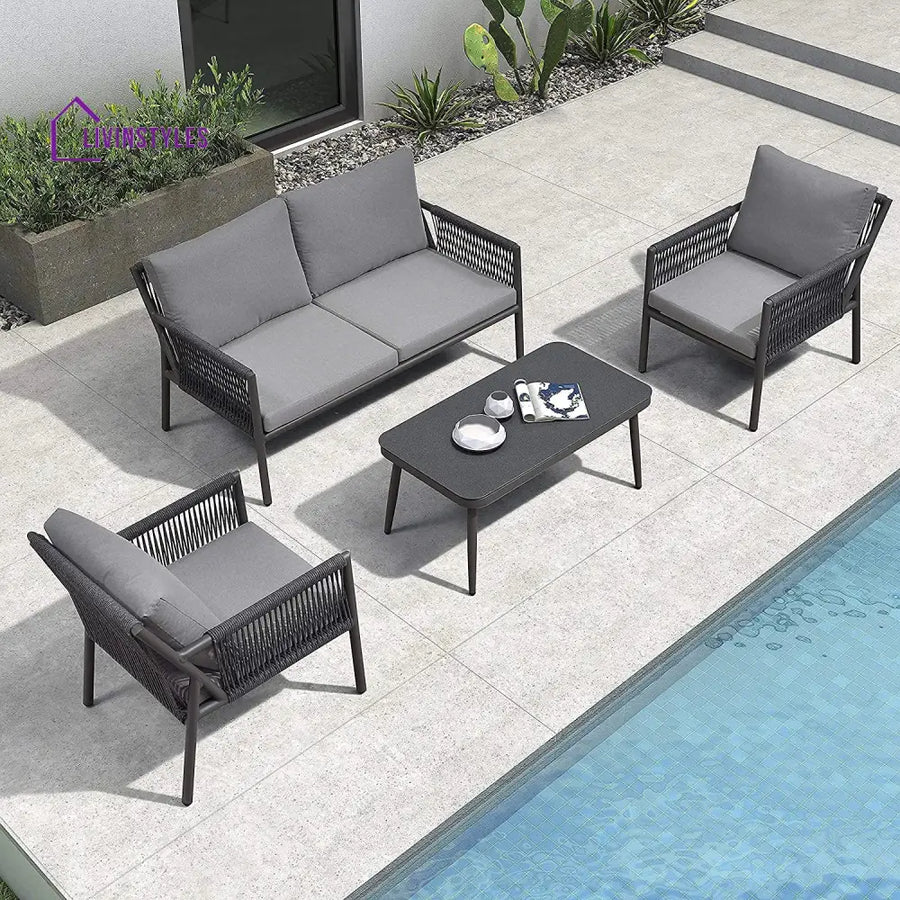Deny Outdoor Sofa Set 2 Seater 2 Single seater and 1 Center Table Set (Grey) Braided & Rope - Sofa Sets