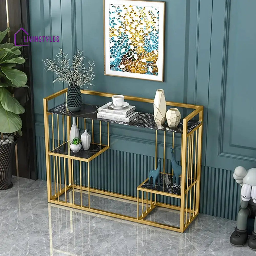 Designer 3-Tier Black Faux Marble Golden Console Table Table