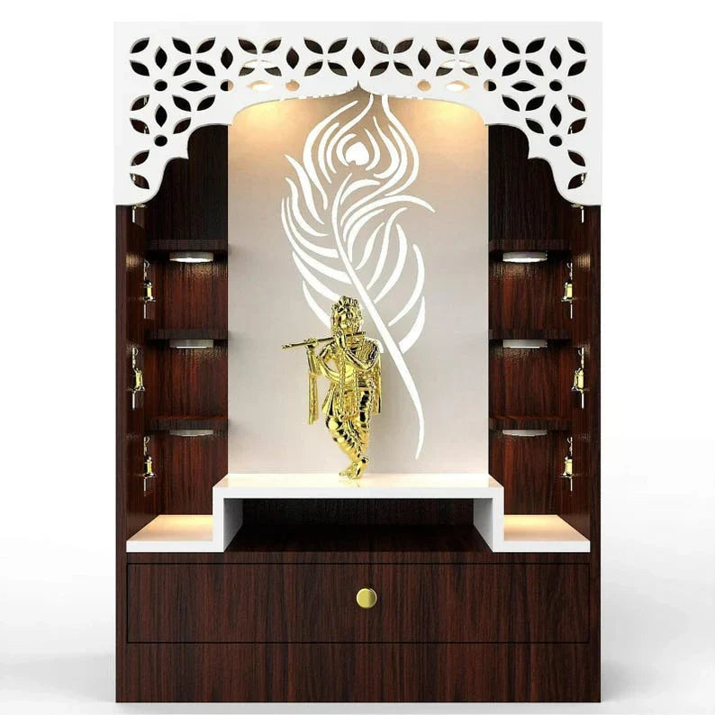OmkarWood KrishnaAura Designer Floor Pooja Mandir with LED Panel & Feather Motif
