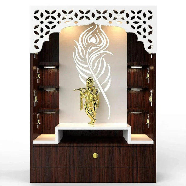 OmkarWood KrishnaAura Designer Floor Pooja Mandir with LED Panel & Feather Motif