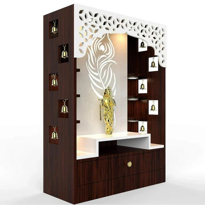OmkarWood KrishnaAura Designer Floor Pooja Mandir with LED Panel & Feather Motif