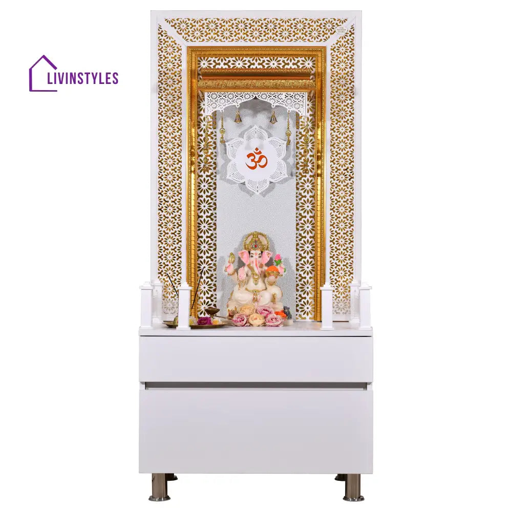 Designer Wooden Mandir for Home with LED Strip Lights and Storage Mandir