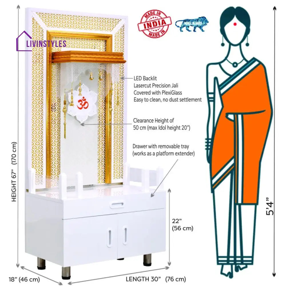 Designer Wooden Mandir for Home with LED Strip Lights and Storage Mandir