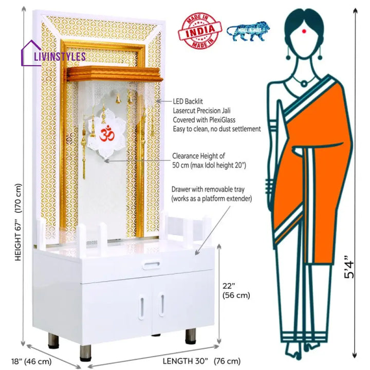 Designer Wooden Mandir for Home with LED Strip Lights and Storage Mandir