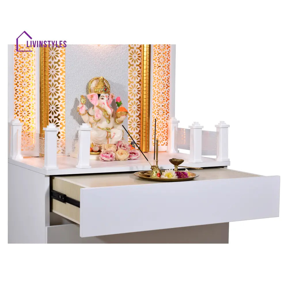 Designer Wooden Mandir for Home with LED Strip Lights and Storage Mandir