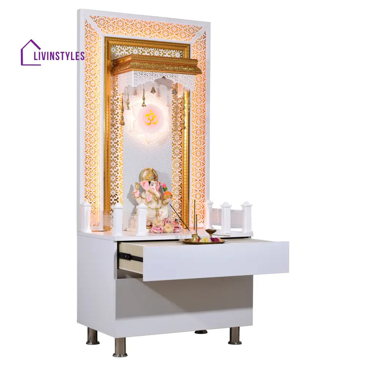 Designer Wooden Mandir for Home with LED Strip Lights and Storage Mandir
