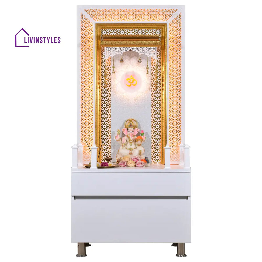 Designer Wooden Mandir for Home with LED Strip Lights and Storage Mandir